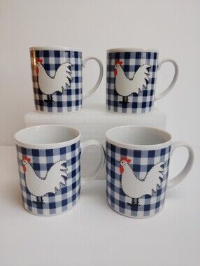 Chicken - Hen Coffee Mugs, Blue & White Gingham - Country Farm House - 4